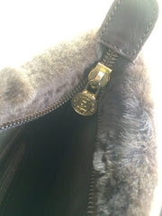 80's vintage Fendi dark brown large leather clutch purse, pouch, toiletry bag with genuine rabbit fur collar with pom pom. 060531r6