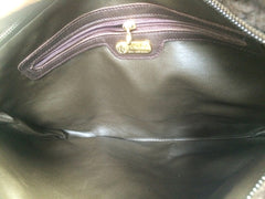 80's vintage Fendi dark brown large leather clutch purse, pouch, toiletry bag with genuine rabbit fur collar with pom pom. 060531r6