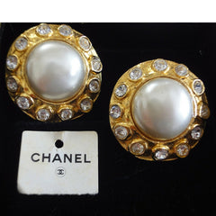 90s Vintage CHANEL gold tone earrings with faux pearl and rhinestones. Great vintage gift. List