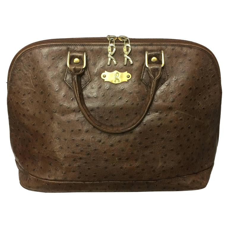 80's Vintage Roberta di Camerino ostrich embossed brown leather bag in Alma style with gold tone R charms. Rare masterpiece.