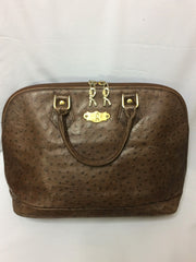 80's Vintage Roberta di Camerino ostrich embossed brown leather bag in Alma style with gold tone R charms. Rare masterpiece.