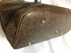 80's Vintage Roberta di Camerino ostrich embossed brown leather bag in Alma style with gold tone R charms. Rare masterpiece.