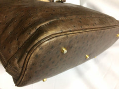 80's Vintage Roberta di Camerino ostrich embossed brown leather bag in Alma style with gold tone R charms. Rare masterpiece.