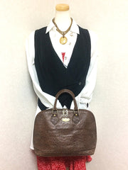 80's Vintage Roberta di Camerino ostrich embossed brown leather bag in Alma style with gold tone R charms. Rare masterpiece.