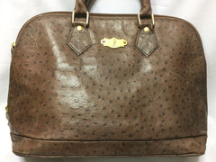 80's Vintage Roberta di Camerino ostrich embossed brown leather bag in Alma style with gold tone R charms. Rare masterpiece.