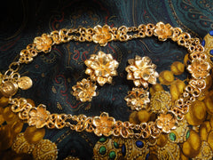 Vintage Sonia Rykiel Bijoux rare golden flower charm art statement necklace and dangling earring set. Gorgeous runway masterpiece jewelry.