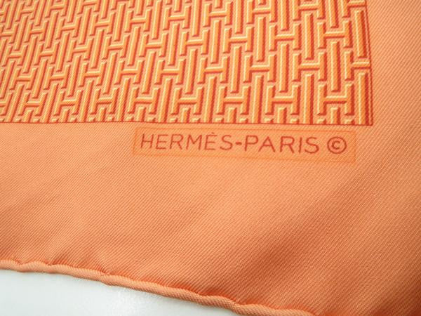 MINT. Vintage HERMES mini carre twill orange and logo print silk