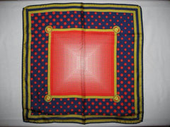 MINT. Vintage Gianni Versace navy, red polka dot, white gradation and medusa pattern print silk scarf. Gorgeous masterpiece from Italy