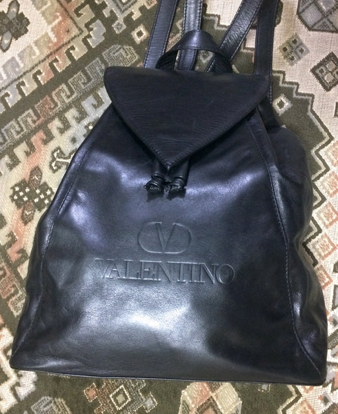 Vintage Valentino black nappa leather backpack with embossed logo