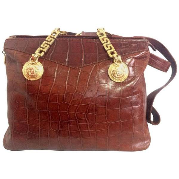 Vintage Gianni Versace brown croc-embossed leather shoulder tote bag w – ***where you can find your favorite designer vintages.....authentic, affordable, and lovable....