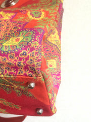 Vintage Gianni Versace gorgeous red orange and multi color ethnic and flower design shoulder, tote bag with silver medusa motifs. Lady Gaga