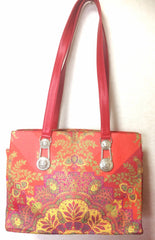 Vintage Gianni Versace gorgeous red orange and multi color ethnic and flower design shoulder, tote bag with silver medusa motifs. Lady Gaga