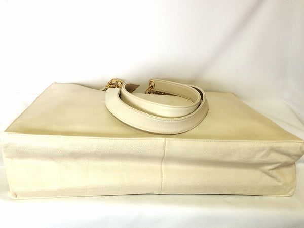 Vintage Chanel CC Chain Shopping Tote Bag White Caviar Gold