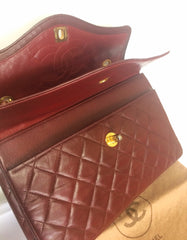70's, 80's Vintage Chanel wine, bordeaux lambskin rare 2.55 double flap chain shoulder bag. One-of-a-kind bag back in the era.