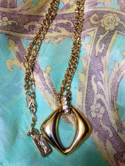 Vintage Yves Saint Laurent, YSL golden chain necklace with outlined square, diamond shape pendant top with crystal stones. Perfect gift