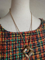 MINT. Vintage Yves Saint Laurent, YSL skinny chain necklace with outlined square pendant top with crystal stones.