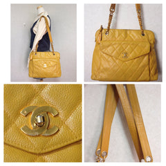 Vintage Chanel yellow caviar leather chain shoulder bag with golden CC closure. Lucky and good fortune color for you