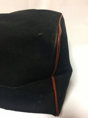 Vintage Yves Saint Laurent black canvas duffle handbag, mini travel bag with brown trimmings and YSL logo. Unisex purse for daily use.