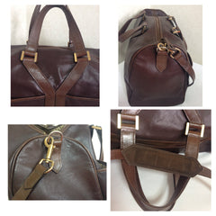 70's, 80's vintage Yves Saint Laurent genuine dark brown leather travel and daily use duffle bag. Classic unisex style YSL purse