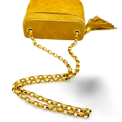 Vintage CHANEL yellow suede leather chain shoulder bag with CC tassel in lunchbox shape. 060910ac1