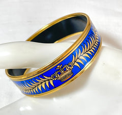 Vintage Hermes blue cloisonne enamel golden thick bangle, bracelet with tiger and leaves design in blue and gold. 070114ac3