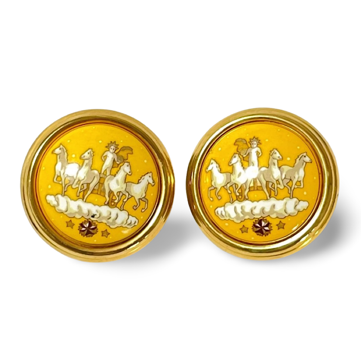 Vintage Hermes cloisonne enamel golden round earrings with prince and carriage, horse design in yellow. The Little Prince. 070107ac3