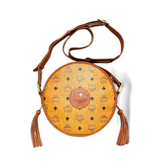 Vintage MCM brown monogram round shape Suzy Wong shoulder bag with leather trimmings. Designed by Michael Cromer. 06521ac2