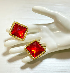 Vintage Celine pyramid cut stud design red gripoix earrings with square golden twisted frames. Gorgeous statement jewelry. 070128ac2