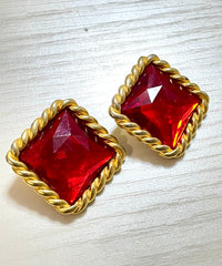 Vintage Celine pyramid cut stud design red gripoix earrings with square golden twisted frames. Gorgeous statement jewelry. 070128ac2