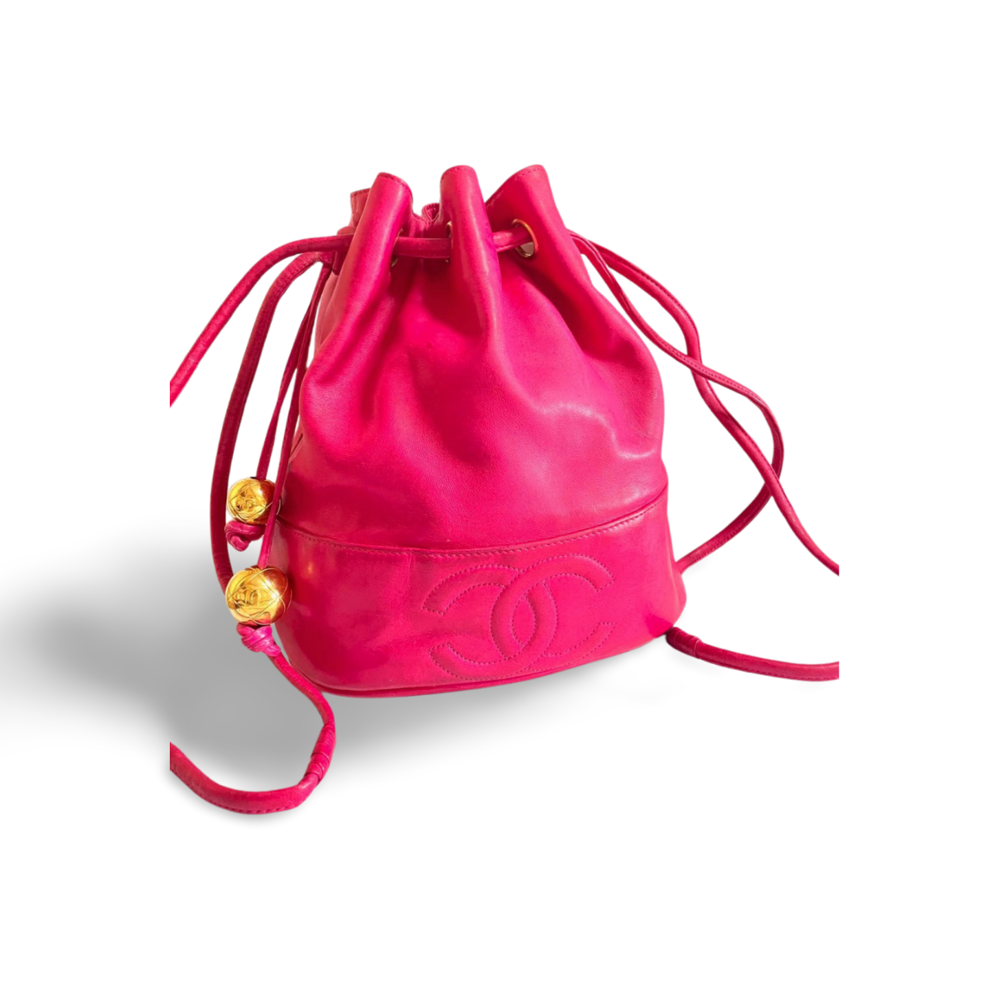 Vintage CHANEL fusia pink lambskin hobo bucket shoulder bag with CC golden balls and CC stitch mark. 050919ac1