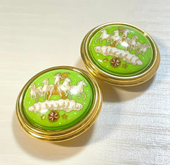 1990s Vintage HERMÈS Cloisonné Round Earrings | Lime Green Little Prince Motif | Prince, Carriage & Stars | Classic Enamel Jewelry. 071121y3