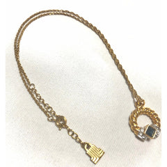 Vintage LANVIN golden skinny chain necklace with golden round pendant top. Clear crystals and green glass stone. Perfect gift. 050407r4