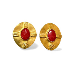 Vintage CHANEL oval golden earrings with red stone and CC mark. Large statement jewelry. Masterpiece jewelry. 060229ya