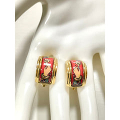 Vintage Hermes golden cloisonne enamel earrings with hand holding a flower and pink design. Must have ceramic jewelry. 060227ac2