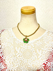 Vintage CHANEL green and red gripoix flower top statement necklace with faux pearl. Gorgeous statement vintage jewelry. 060625ac1