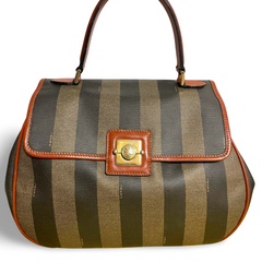 Vintage FENDI pecan stripe large handbag, purse with brown leather trimming and gold tone closure, Fendi classic bag. 070819ac1