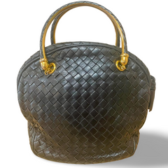 Vintage Bottega Veneta black intrecciato woven leather handbag with metal combo handles and a tassel. Rare masterpiece. 070822y1