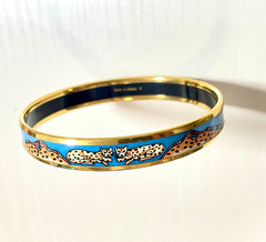 Vintage Hermes gold and blue cloisonne enamel bangle with Jaguar couple. CIRCUS. Made in Austria. Cheetah, panther. 070128ac8