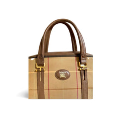 Vintage Burberry classic khaki nova check speedy bag style handbag, duffle bag with brown leather trimmings. Classic handbag. 060312ac2
