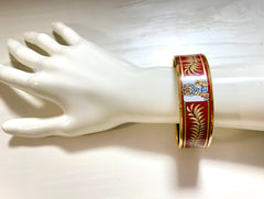 Vintage Hermes cloisonne enamel golden thick bangle, bracelet with cheetah, tiger motifs. Red. Must have beautiful jewelry. 070128ac7