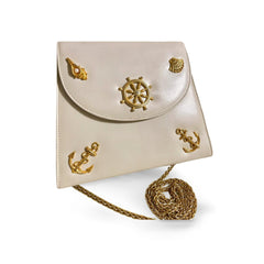 Vintage BALLY ivory white leather shoulder bag with chains and gold tone shell, ruddle, pearl, anchor motifs. 060310ya2