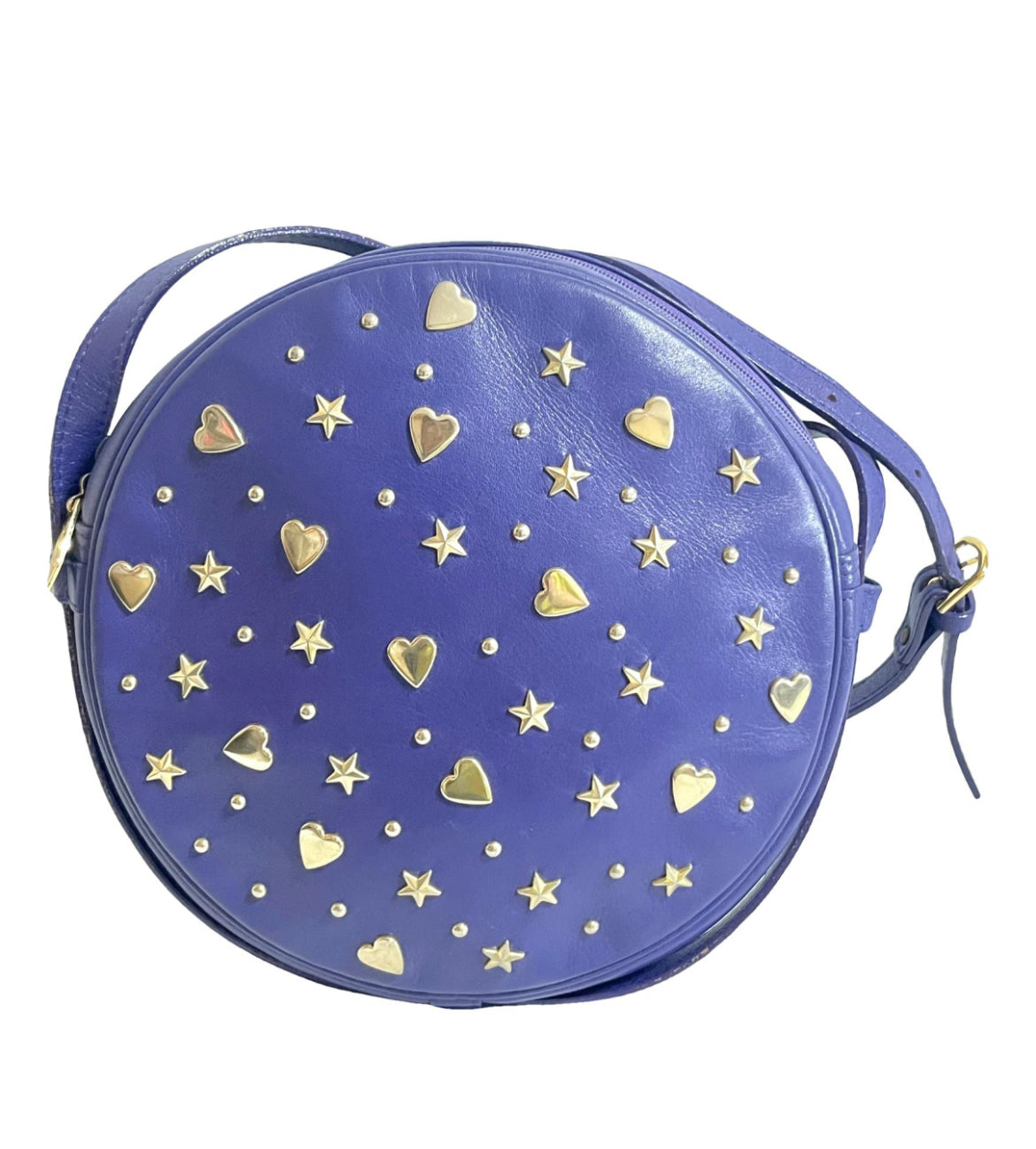 Vintage Yves Saint Laurent purple round bag with heart and star studs. One of a kind leather shoulder bag. 050730ac1