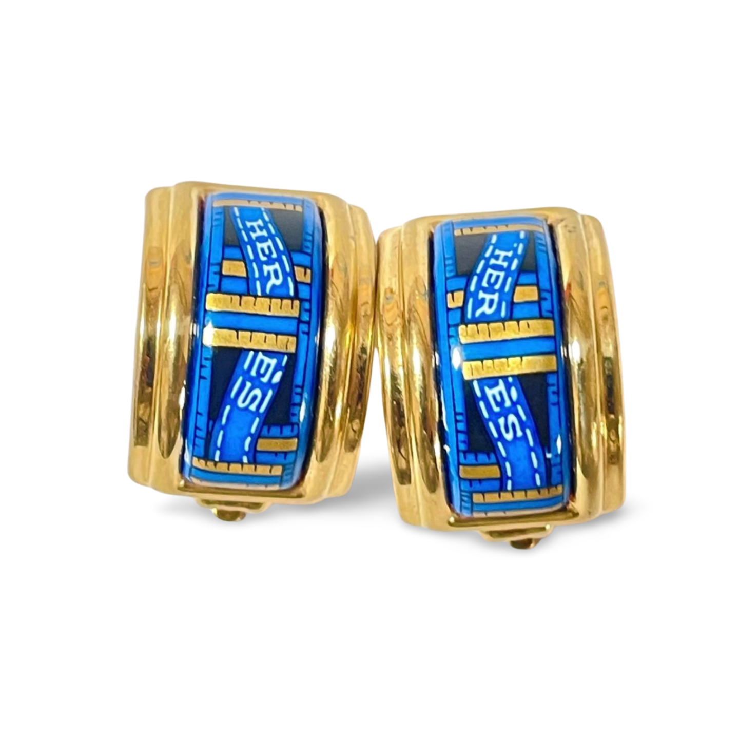 Vintage Hermes cloisonne, enamel golden earrings with blue Hermes ribbon design. 070107ac4