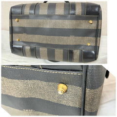 Vintage Fendi black and gray pecan stripe speedy style duffle bag, handbag purse with black leather trimmings. Fendi classic bag. 060824m1