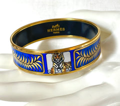 Vintage Hermes blue cloisonne enamel golden thick bangle, bracelet with tiger and leaves design in blue and gold. 070114ac3