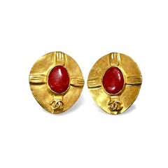 Vintage CHANEL oval golden earrings with red stone and CC mark. Large statement jewelry. Masterpiece jewelry. 060229ya