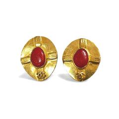 Vintage CHANEL oval golden earrings with red stone and CC mark. Large statement jewelry. Masterpiece jewelry. 060229ya