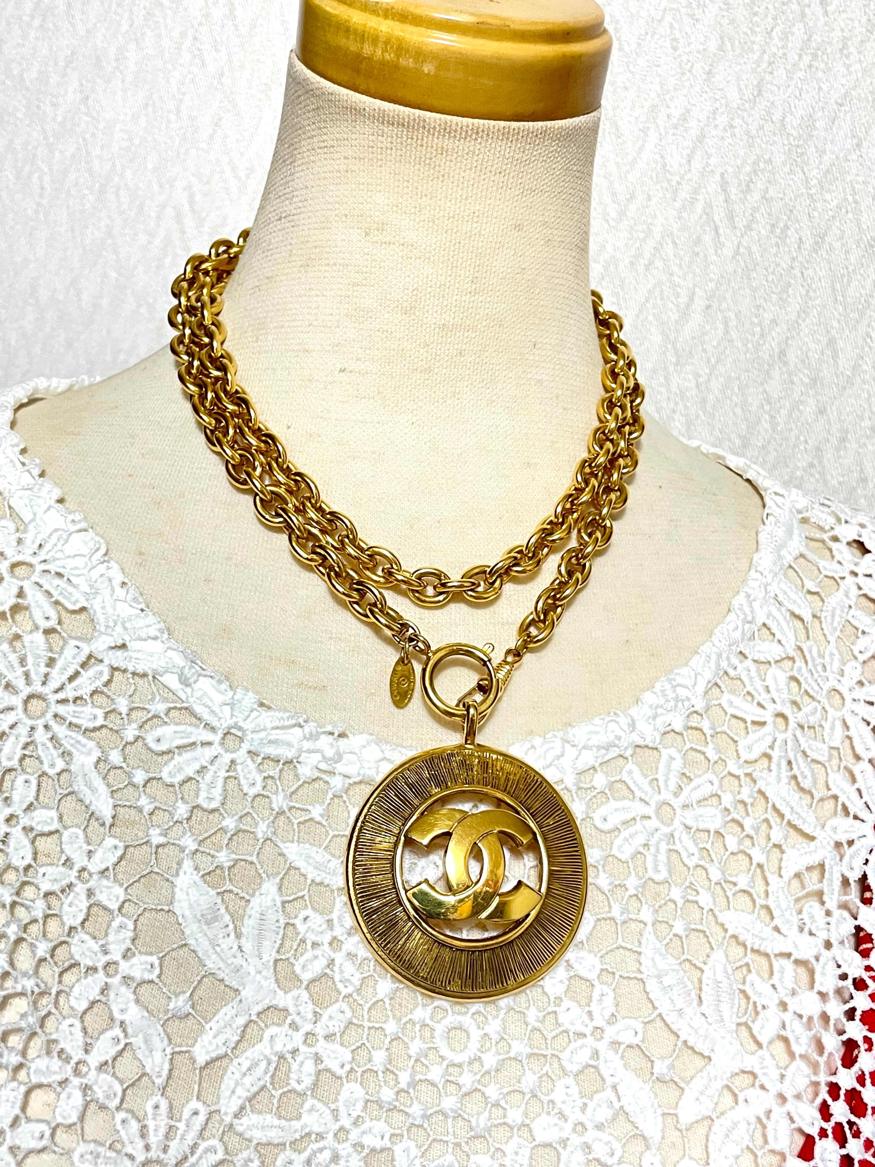 Vintage CHANEL golden necklace with a large cutout round CC mark penda –  eNdApPi ***where you can find your favorite designer  vintages..authentic, affordable, and lovable.