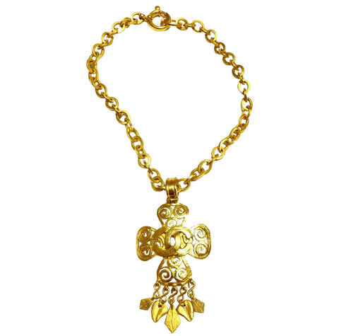 Vintage Chanel thick chain statement necklace with spiral petal flower, clover CC top and dangling leaves. Gorgeous jewelry. 070204ac2