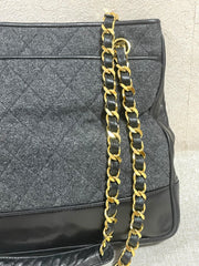 Vintage CHANEL taupe grey canvas and lambskin shoulder tote bag with gold tone chain straps and a CC ball charm. 070125ap2